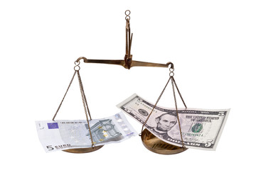 Banknotes Euro and Dollar in balance.