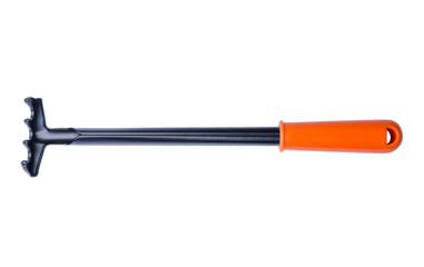 Garden tools rake on white background