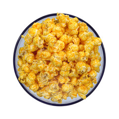 Cheese flavored popcorn in blue bowl