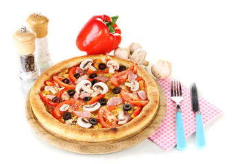 Aromatic pizza with vegetables and mushrooms isolated on white