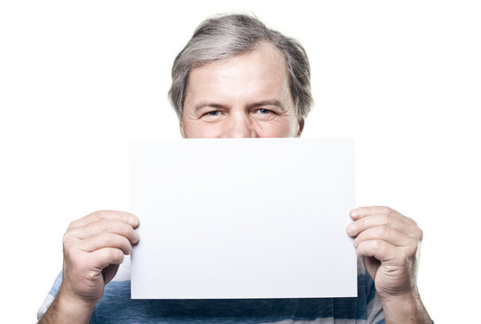 Mature Man Holding A Blank Billboard Isolated On White