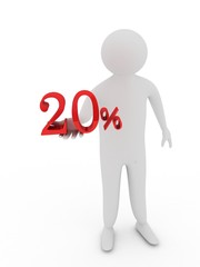  Human giving twenty red percentage symbol isolated on white bac
