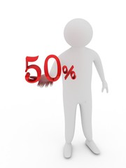  Human giving fifty red percentage symbol isolated on white back