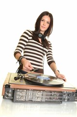 pretty girl listening music on old gramophone