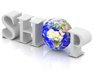 3d Shopping text with globe.