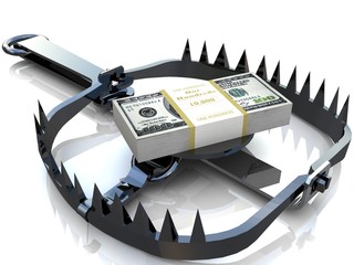 Finance risk concept. Dollar banknotes on bear trap.