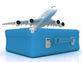 airliner and luggage on white background