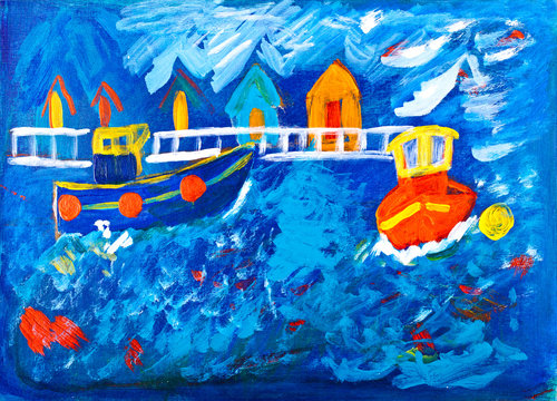 Tug boats at sea acrylic painting by Kay Gale