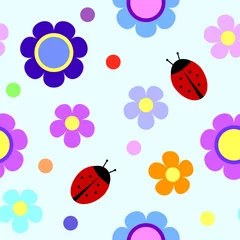Rolgordijnen Naadloos patroon met bloemen en lieveheersbeestjes © darafeja