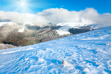 First winter snow and last autumn colorful foliage in mount