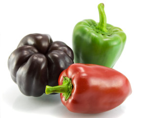 Red, green and violet sweet pepper on a white background