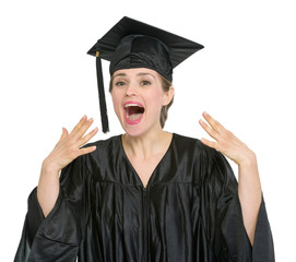 Student woman can't believe in her graduation isolated