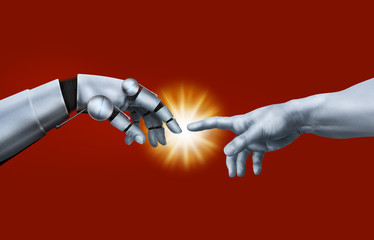 Michelangelo: Creation of Adam. Robot Hand.