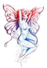 Nude fairy. Fantasy sketch of tattoo art, naked woman figure