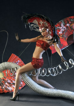 Las Vegas Dancer Posing At Futuristic Background On Club Stage