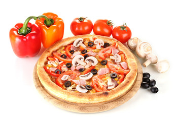 Aromatic pizza with vegetables and mushrooms isolated on white