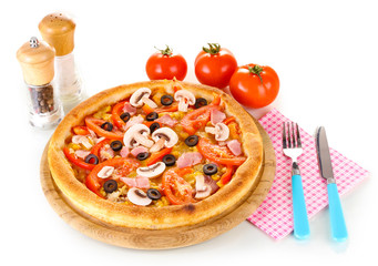 Aromatic pizza with vegetables isolated on white