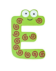 Colorful wooden alphabet letter on white with clipping path, E