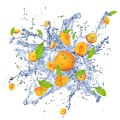 Aprikosenstücke in Spritzwasser, isoliert auf weißem Hintergrund