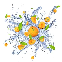 Aluminium Prints Splashing water Apricots pieces in water splash, isolated on white background