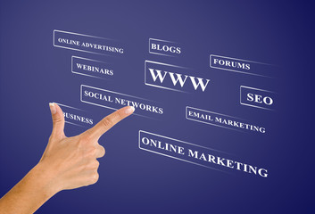 Businesswoman pressing business type of modern buttons with virt