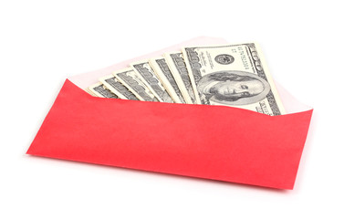 Dollar banknotes in envelope isolated on white
