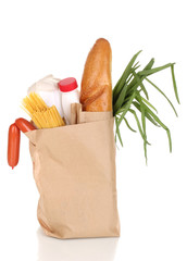 Paper bag with food isolated on white
