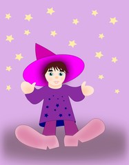 Little girl in big shoes and  funny hat.