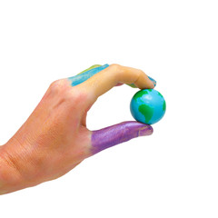 Painted watercolors colorful hand is holding globe