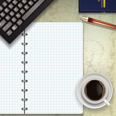 Fototapeta na wymiar biurka z kawą klawiatury i notatnik