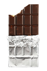Chocolate bar in foil isolated on white background