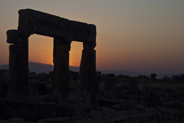 Ruins of ancient city Hierapolis during sunset, Turkey