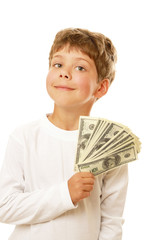 A boy holding dollars, isolated on white background