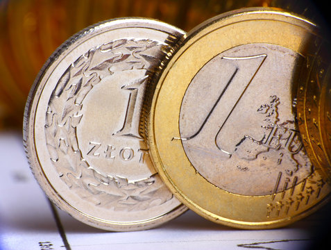 Extremely close up view of European and Poland currency