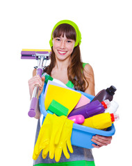 Teen with detergents and mop