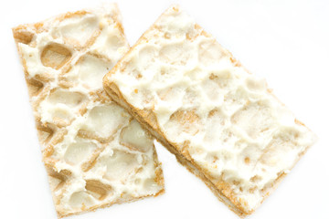 close-up waffle with white cream photo