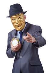Masked man with clock on white