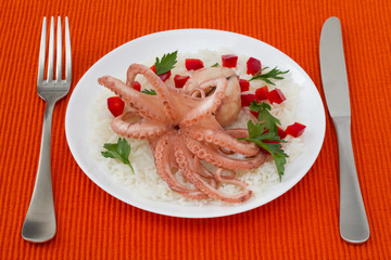 boiled octopus with rice on the plate