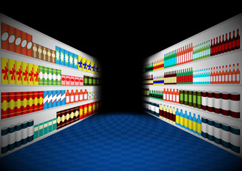 Supermarket shelves in the dark