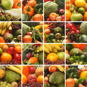 A collage of images with fresh fruits and vegetables