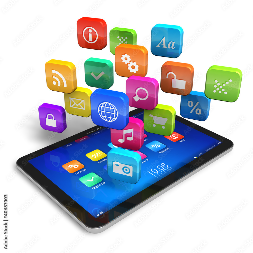 Poster tablet pc with cloud of application icons
