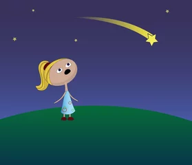Foto op Plexiglas Kosmos Meisje en een vallende ster