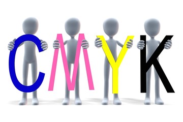 graue Figuren halten CMYK-Farbbuchstaben