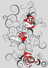 black white and red vector illustration with roses on grey backg