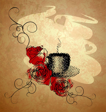 coffee cup, red roses and grunge background with hearts