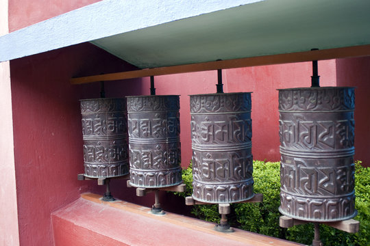 Buddhist prayer wheels in Bodhgaya, India