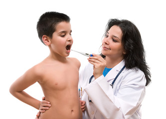 Pediatrician examines little boy measuring fever isolated