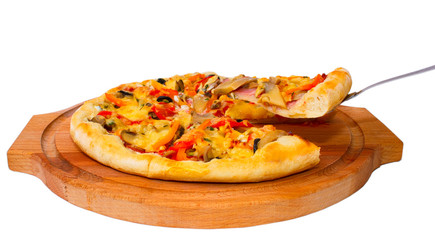 Appetizing pizza with cheese on cut piece of a wooden tray close