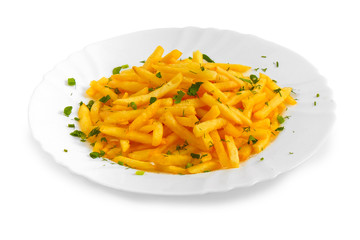 french fries potatoes roasted with onions on a plate isolated on