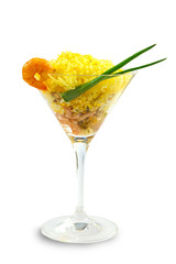 fresh salad with shrimp, cheese and mushrooms and onions on whit